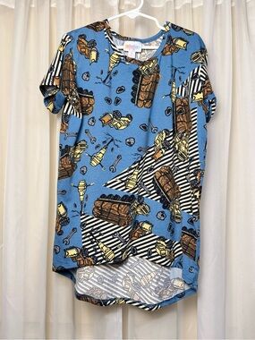LuLaRoe Blue Yellow high low shirt fun play work graphic girls youth size 8 EUC